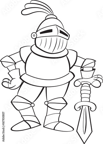 Black and white illustration of a knight leaning on a sword.