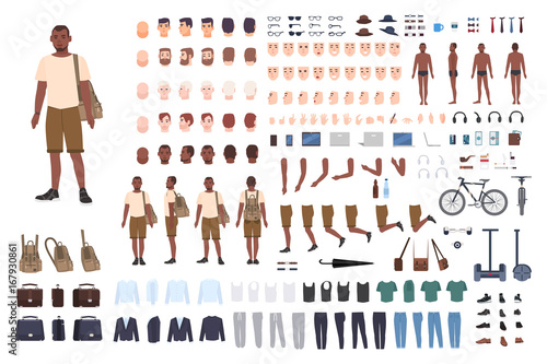 Young guy character constructor. Adult male creation set. Different postures, hairstyle, face, legs, hands, clothes, accessories collection. Vector cartoon illustration. Front, side, back view