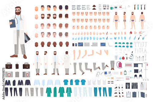 Doctor character constructor. Male doctor creation set. Different postures, hairstyle, face, legs, hands, accessories, clothes collection. Vector cartoon illustration. Guy, front, side, back view.