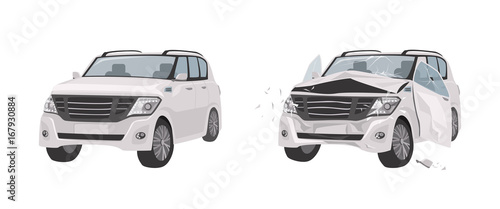 Off-road vehicle unharmed and crashed collection. Colorful vector illustration set.