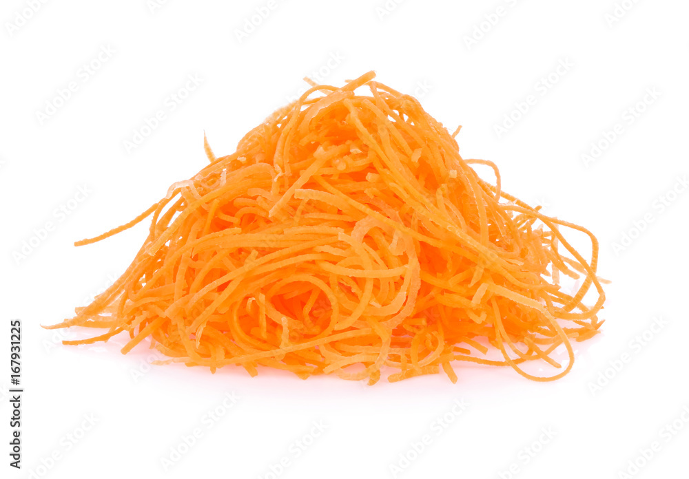 Pile of fresh shredded carrots isolated on white background Pile of fresh shredded carrots isolated on white background