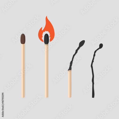 Burning match stages set. Matchstick with sulfur, burning and burned. Colorful flat vector illustration collection.