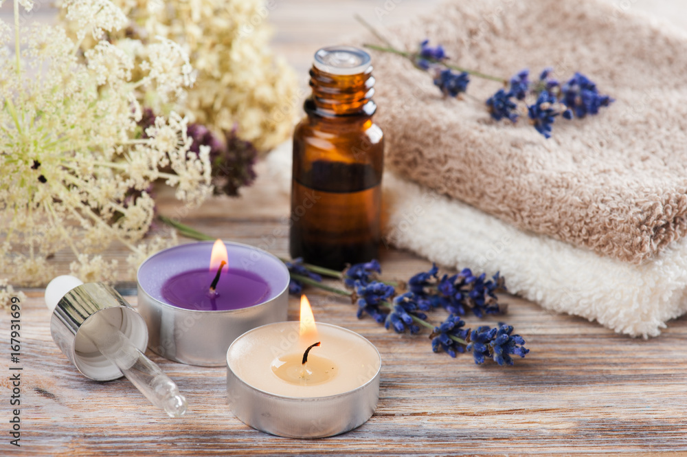 Spa composition with essential oil and towels Spa composition with essential oil and towels