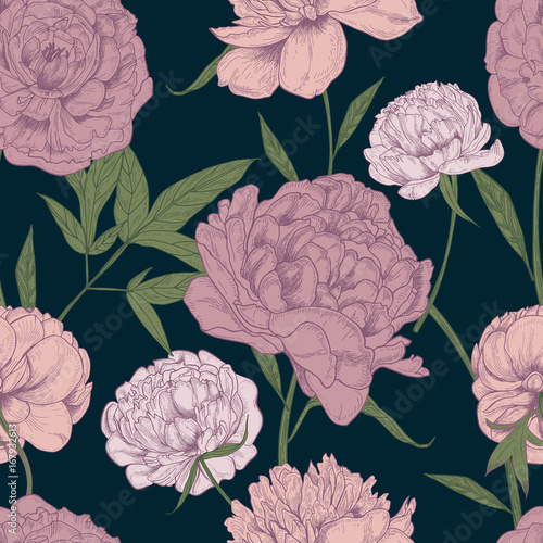 Beautiful detailed peonies seamless pattern. Hand drawn blossom flowers and l...