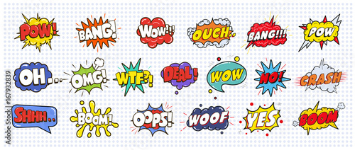 Comic sound speech effect bubbles set isolated on white background illustration. Wow, pow, bang, ouch, crash, woof, no, yes, boom, oh, omg, wtf, deal, oops inscriptions.