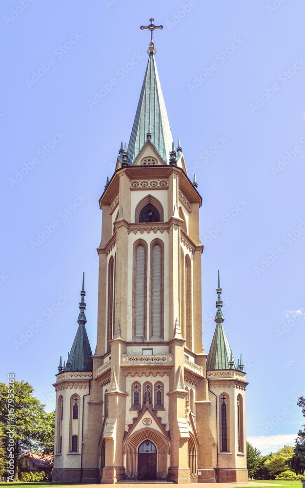 Beautiful historic church. Parish of the Blessed Trinity in Wilamowice in Poland.
