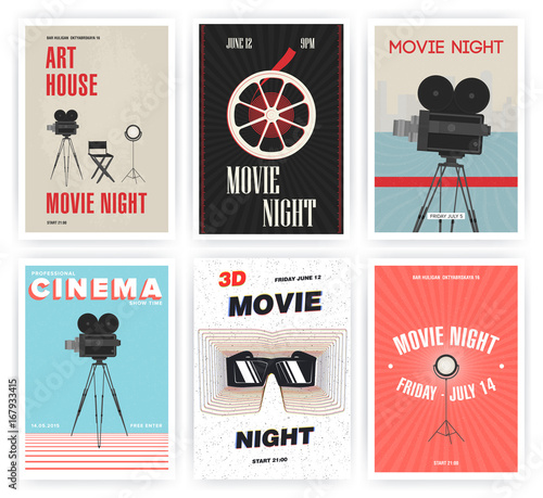 Movie night poster set. Cinema events different advertising placards. Colorful vector illustration.