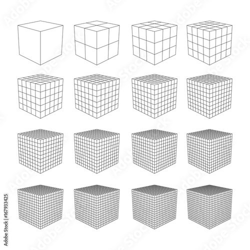 Wireframe Mesh Cube in Differenr Resolution. Connection Structure. Digital Data Visualization Concept. Vector Illustration. photo