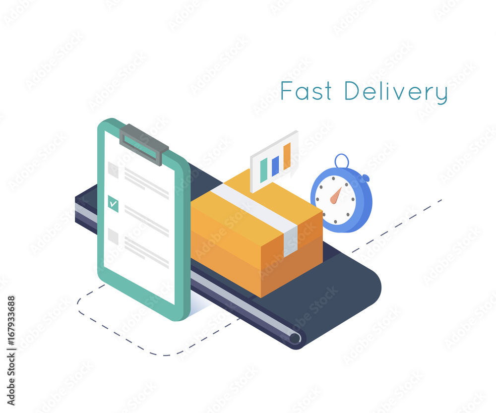 Delivery service and E-Commerce. Package box sealed with tape, clipboard,stopwatch. Isometric illustration delivery concept Delivery service and E-Commerce. Package box sealed with tape, clipboard,stopwatch. Isometric illustration delivery concept