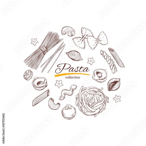 Italian Pasta set. Different types of pasta. Vector hand drawn illustration. Isolated objects on white. Sketch style