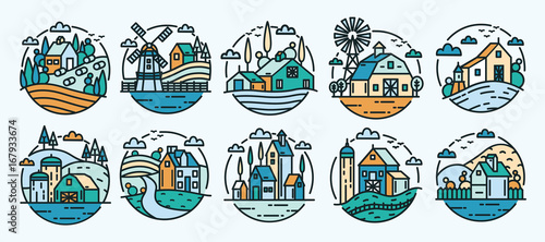Countryside labels set. Farm various logo collection. Line art colorful vecto...
