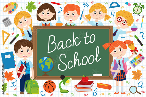 back to school blackboard with schoolchild and school supplies  - vector illustration  eps  