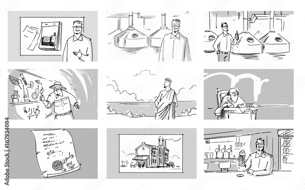 Set collection beer factory process Vector sketch for storyboard, projects, cartoons