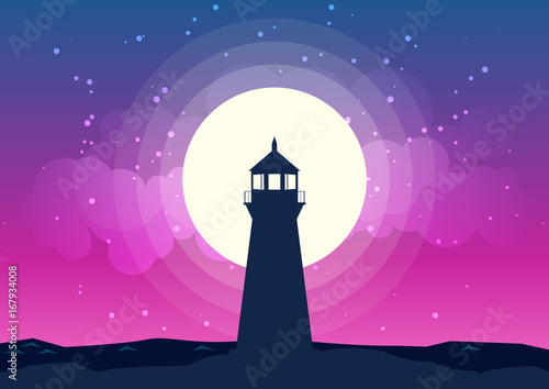 A lighthouse located on top of the mountain background of the moonlight. Lighthouse and moon scenery at night silhouettes vector. Beautiful moonlight background with Lighthouse silhouette.