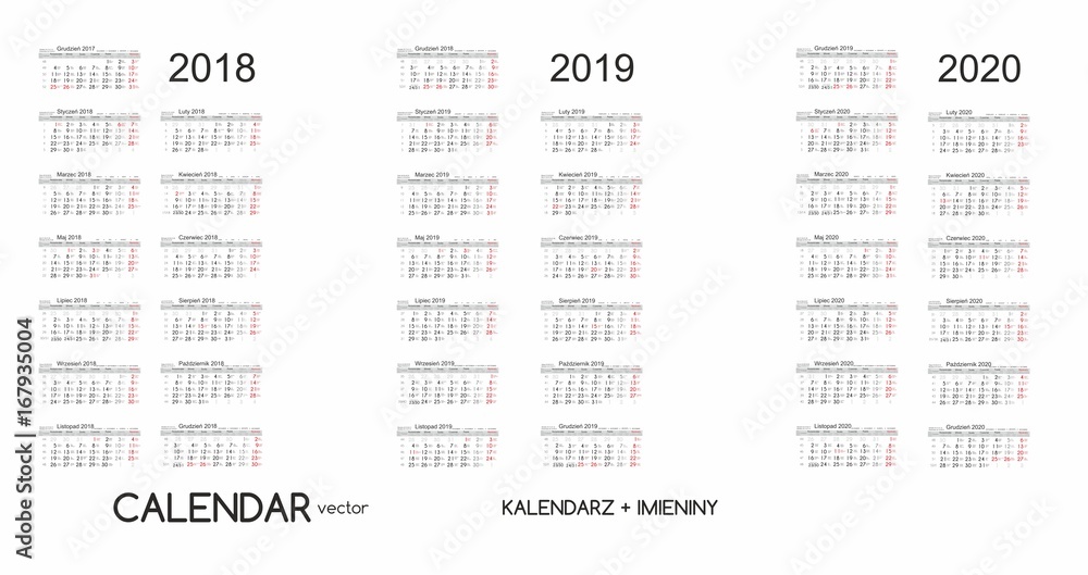 Calendar 2018, 2019, 2020 Kalendarz 2018, 2019, 2020 vector