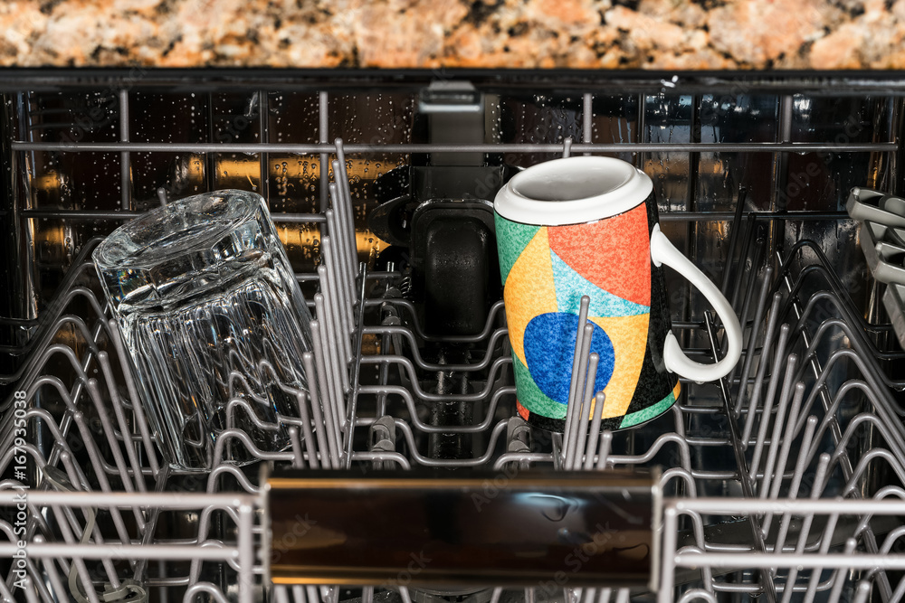 Cup and glass in dishwasher