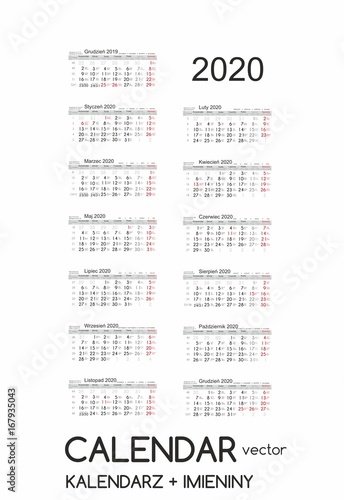Obraz na płótnie Calendar 2020 Kalendarz 2020 vector w salonie