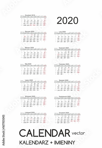 Calendar 2020 Kalendarz 2020 vector 