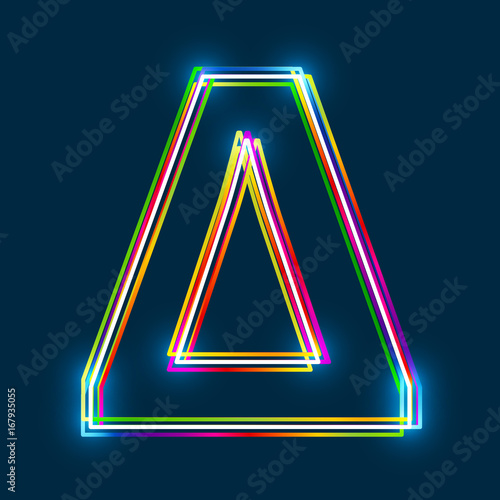 Greek Capital Letter Delta. Multicolor outline font with glowing effect on blue background. Vector EPS10