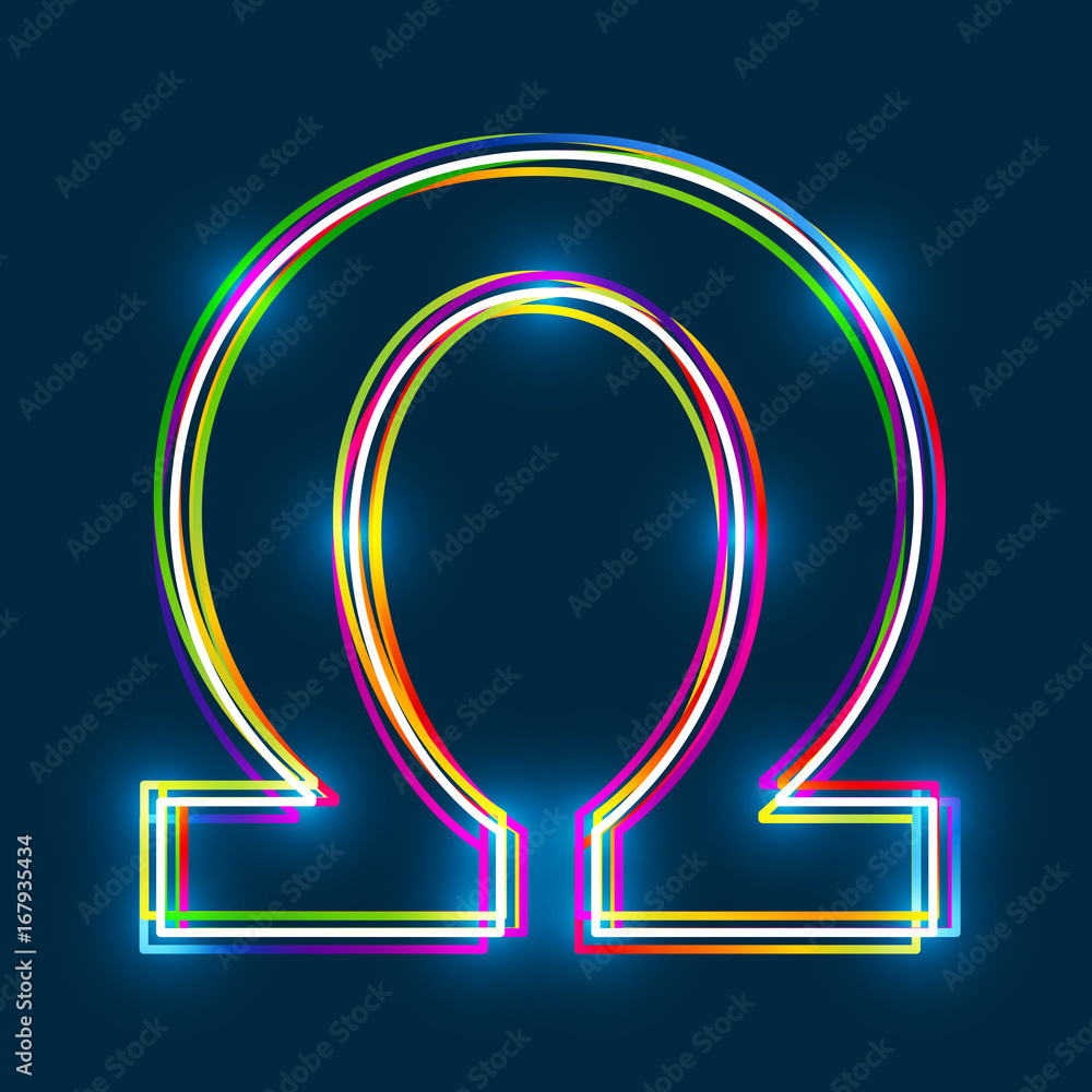 Greek Capital Letter Omega. Multicolor outline font with glowing