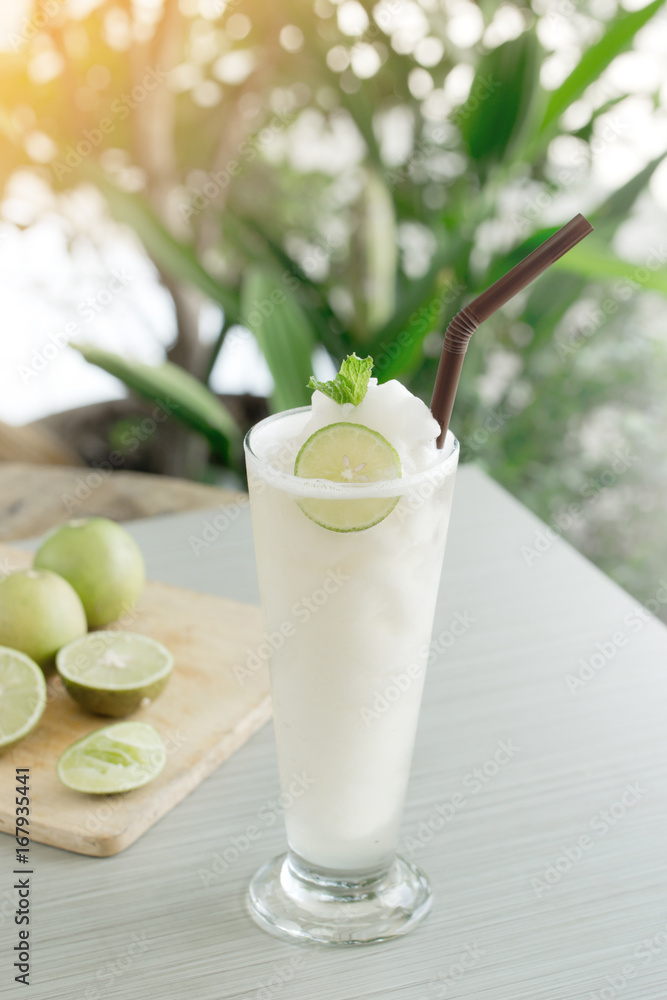 Lemon Lime juice smoothie shake in glass Lemon Lime juice smoothie shake in glass