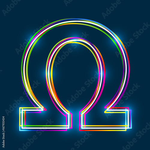 Greek Capital Letter Omega. Multicolor outline font with glowing effect on blue background. Vector EPS10