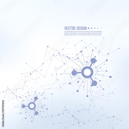 Array with dynamic moving particles. Node molecule structure. Science and connection concept. Techno Research, brain cells, neurons. Vector abstract background. Framework backdrop