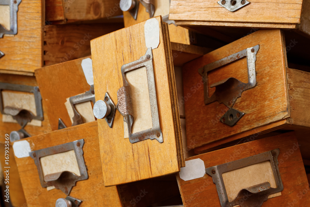 Disorderly group of old wooden drawers Disorderly group of old wooden drawers