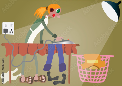 Girl Ironing Her Clothes with an Iron box