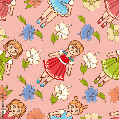Little Ballerina and Flower. Cartoon style. Seamless pattern. Baby Doll. 