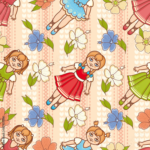 Little Ballerina and Flower. Cartoon style. Seamless pattern. Baby Doll. 