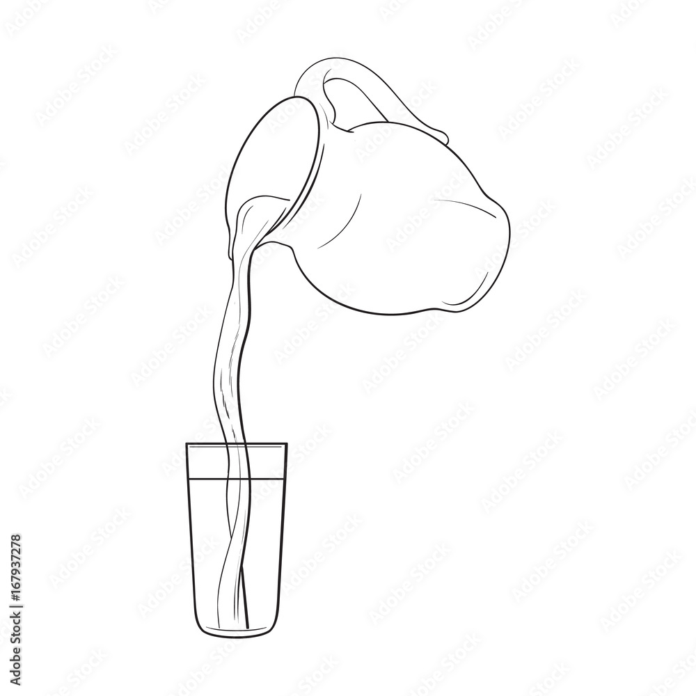 Drawing of liquid, drink pouring from jar into tall glass, sketch