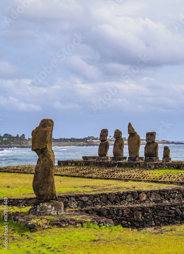 Moais in Tahai Archaeological Complex, Rapa Nui National Park, Easter Island, Chile photo