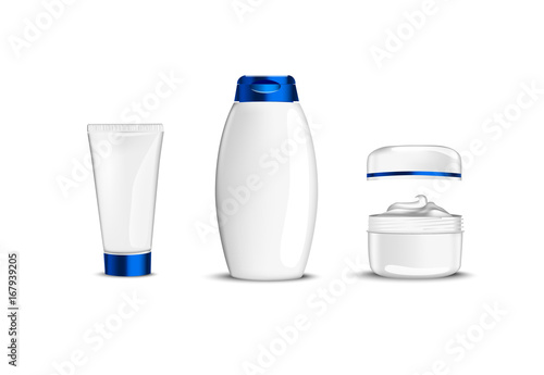 white beauty cosmetic containers with blue cup for creme, shampoo, gel,
