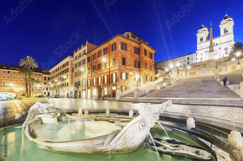 Italy, Rome, Spagna Square with Trinità dei Monti and Barcaccia fountain by night