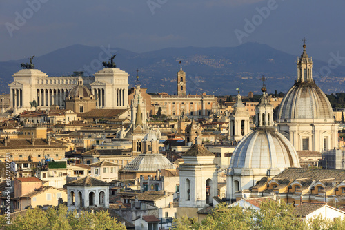 Italy, Rome, Altare della Patria monument elevated view at sunset photo