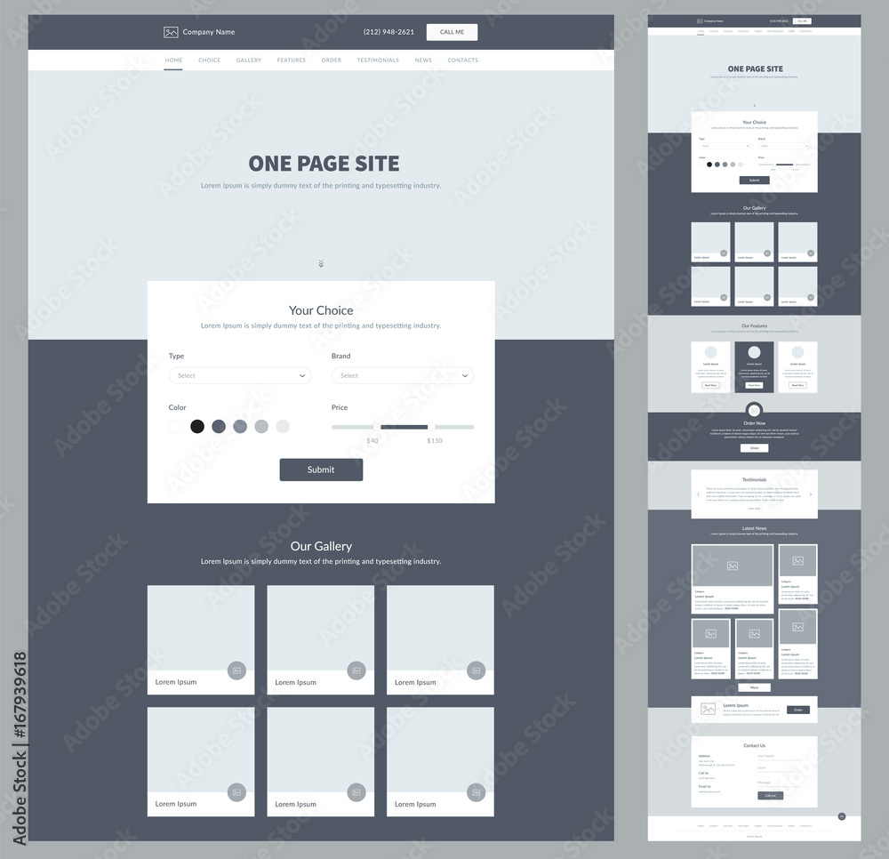 One page website design template for business. Landing page wireframe. Modern responsive design. Ux ui website: home, choice, gallery, features, order, testimonials, news, contacts One page website design template for business. Landing page wireframe. Modern responsive design. Ux ui website: home, choice, gallery, features, order, testimonials, news, contacts