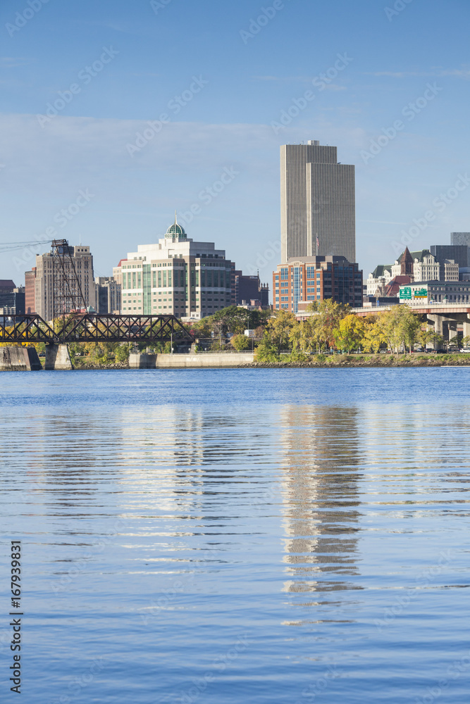 USA, New York, Hudson Valley, Albany, skyline from the Hudson River, morning USA, New York, Hudson Valley, Albany, skyline from the Hudson River, morning