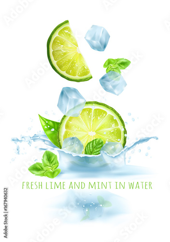 Fresh limes and mints in water. Vector illustration.