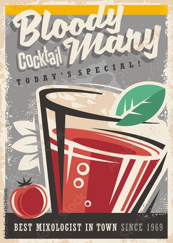 Cocktail bar with glass and Bloody Mary cocktail on old paper texture. Alcoholic drinks vintage promotional design. Retro poster design for cocktail lounge.