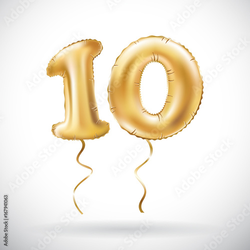 vector Golden number 10 ten metallic balloon. Party decoration golden balloons. Anniversary sign for happy holiday, celebration, birthday, carnival, new year.