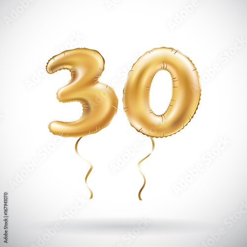 vector Golden number 30 thirty metallic balloon. Party decoration golden balloons. Anniversary sign for happy holiday, celebration, birthday, carnival, new year.