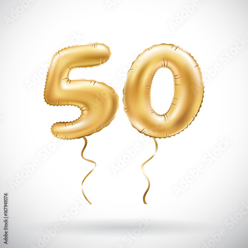 vector Golden number 50 fifty metallic balloon. Party decoration golden balloons. Anniversary sign for happy holiday, celebration, birthday, carnival, new year.
