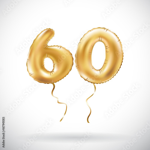 vector Golden number 60 sixty metallic balloon. Party decoration golden balloons. Anniversary sign for happy holiday, celebration, birthday, carnival, new year.