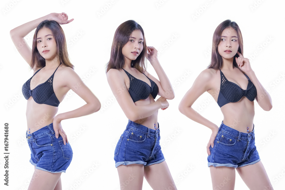 Women wear black bra and shorts jeans Stock Photo