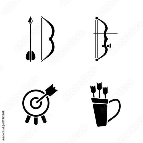 Arrow and Bow. Simple Related Vector Icons Set for Video, Mobile Apps, Web Sites, Print Projects and Your Design. Black Flat Illustration on White Background.
