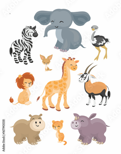The image of cute African animals in cartoon style. Children   s illustration. Vector set.