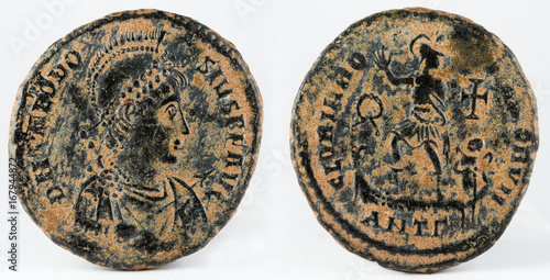 Ancient Roman copper coin of Theodosius I.