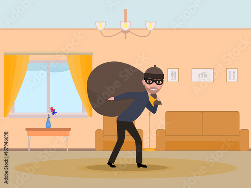 Vector cartoon man thief stealing an apartment