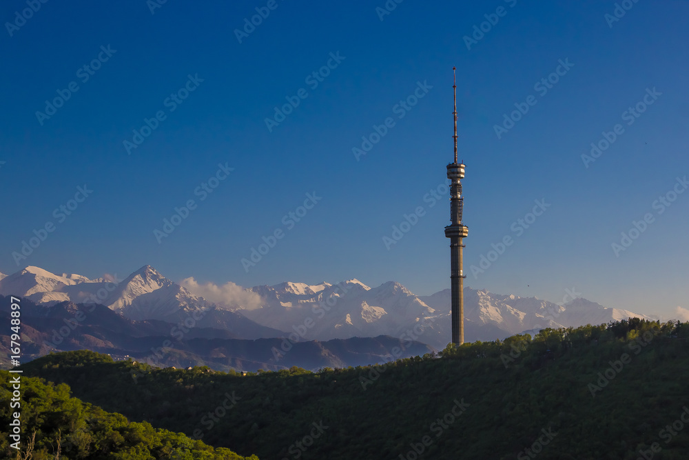 Kok Tobe hill and mountains view in spring, Almaty, Kazakhstan